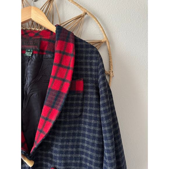 Vtg Ralph Lauren Lambs New Wool  Red Tartan Plaid Festive Blazer Horn Toggle M - Picture 6 of 16